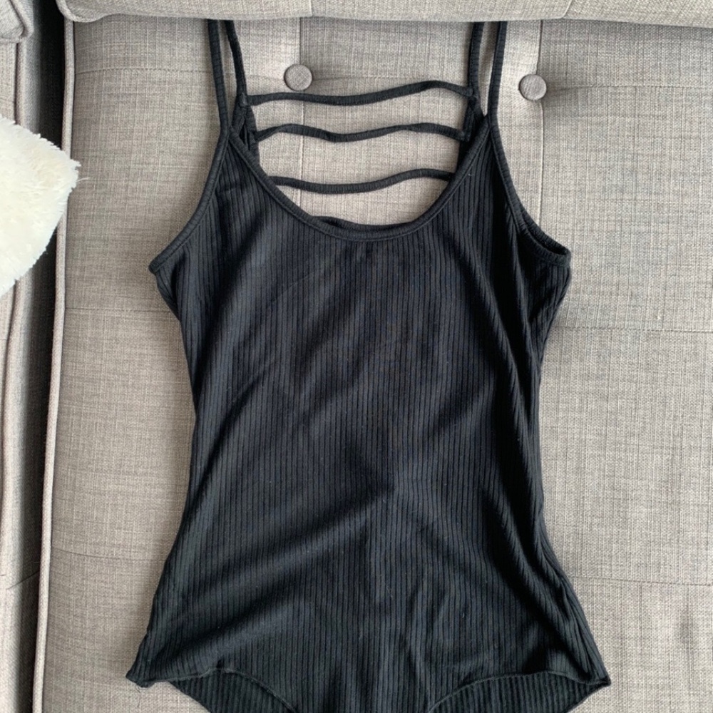 Black Ribbed Open-Back Bodysuit